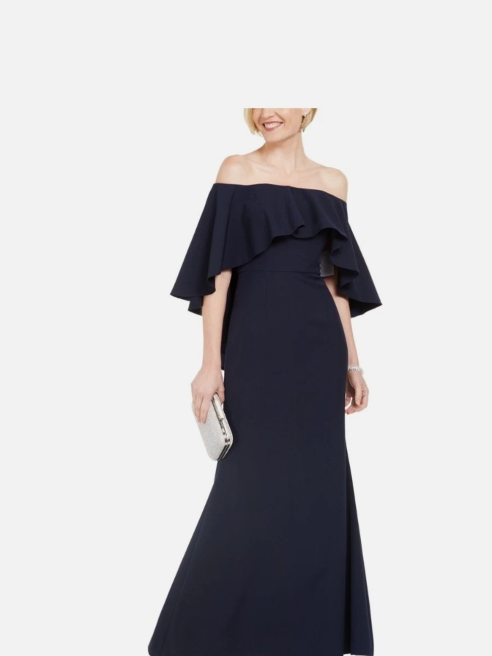 Vince Camuto Navy One-Shoulder Ruffle Evening Gown
